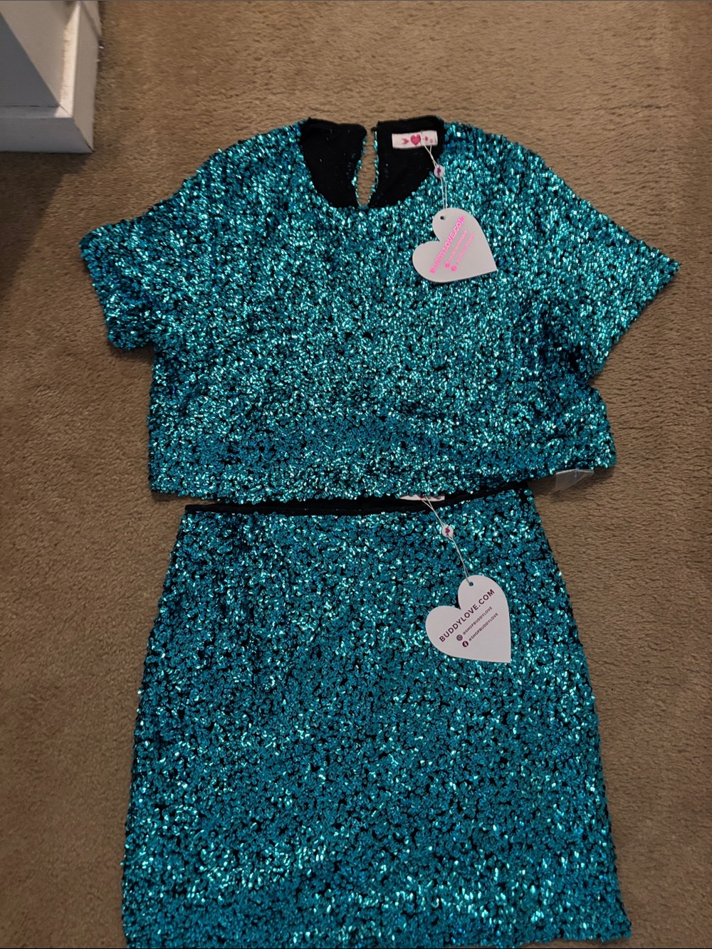 Buddy Love Teal Sequin Two-Piece Crop Top & Skirt Set